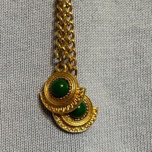34” Lariat Necklace Chain Link Vintage Gold Tone Green Gemstones or Beads